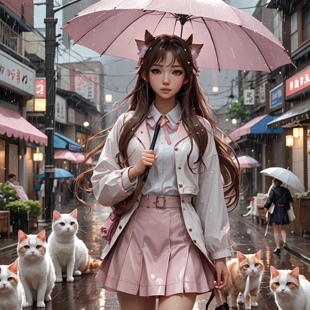 Anime Girl in Kawaii Outfit Surrounded by Cats