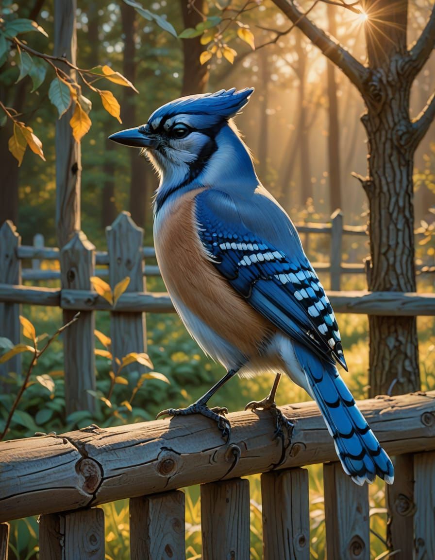 Blue Jay on Branch in Whimsical Style