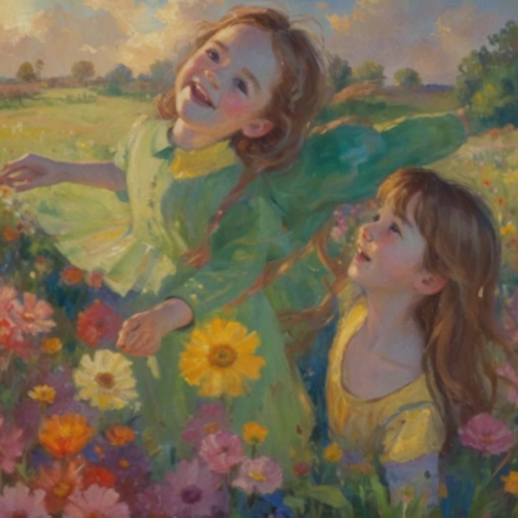 Children Dancing in Meadow as Impressionist Oil Painting