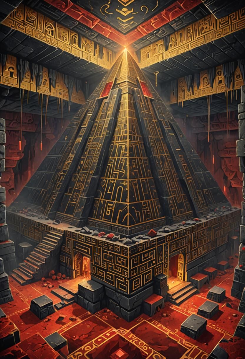 Gold Pyramid with Red Magic in Art Deco Cave
