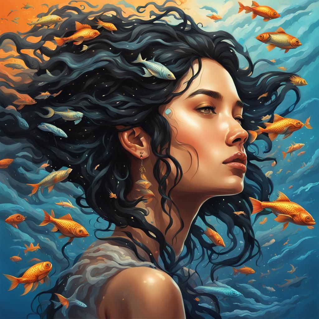 Woman with Bird-Fish, Hyperrealistic Splash Art