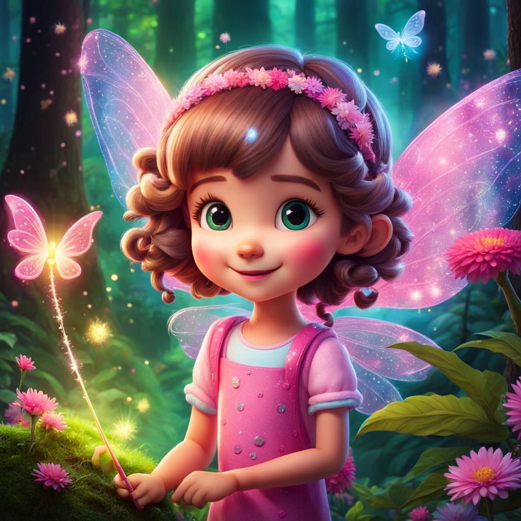 Cute Cartoon Girl in Magical Fairy Forest