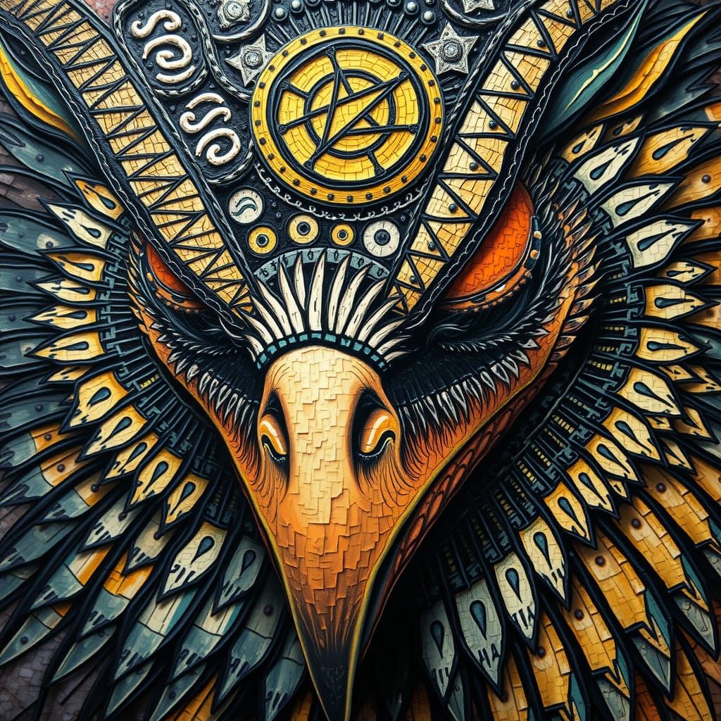 Abstract Griffon Face with Cryptic Patterns in Neo-Organic S...