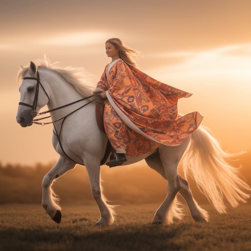 Girl Rides a Majestic White Horse Under a Golden Sunset