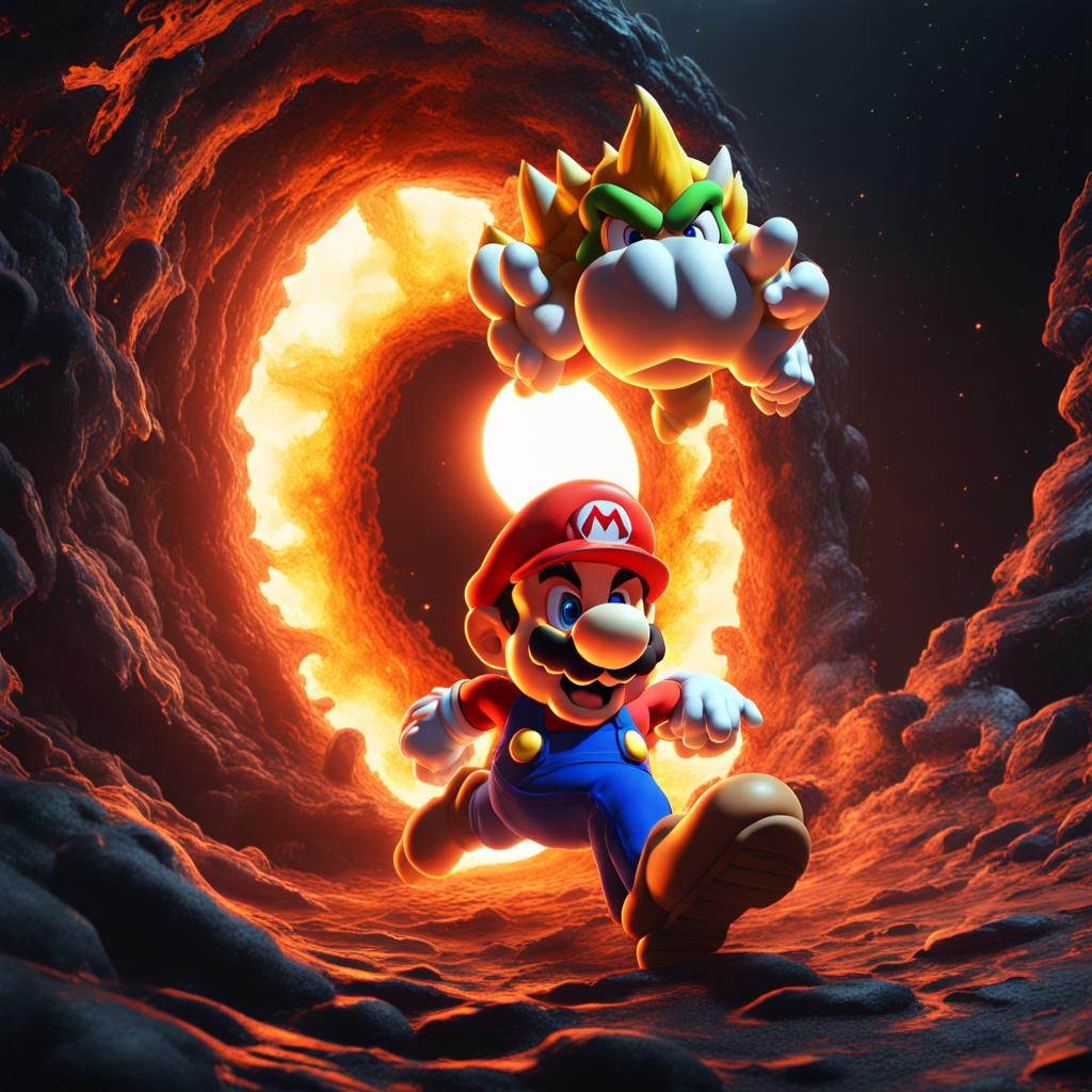Mario Kicks Bowser into Black Hole: Fantasy Art