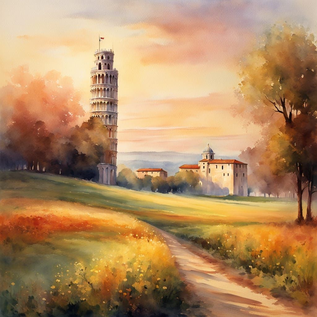 Whimsical Watercolour Painting of Tower of Pisa in Italian L...