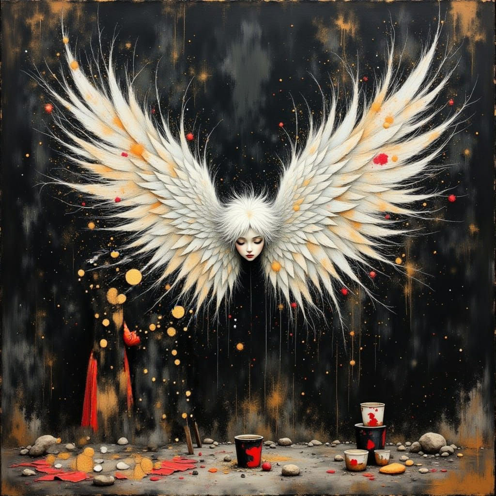 Woman Draws Angel with Bioluminescent Feathers