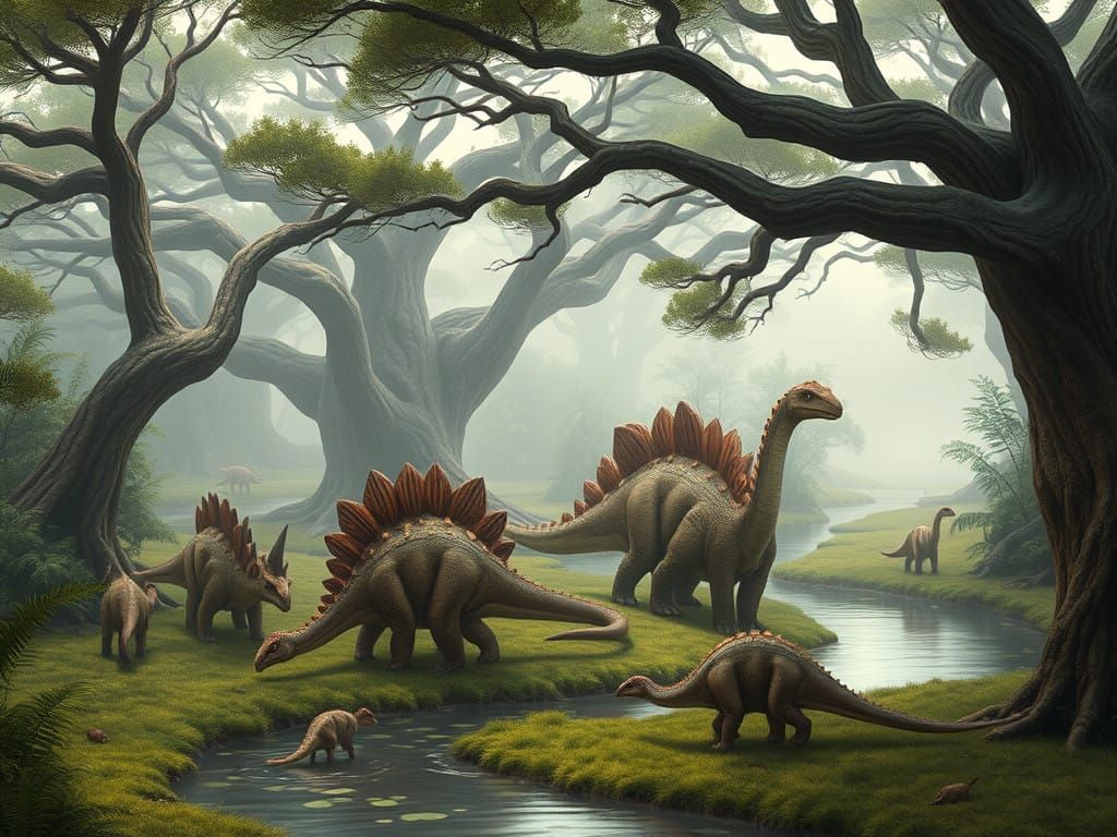 Serene Herd of Prehistoric Herbivores in a Misty Landscape