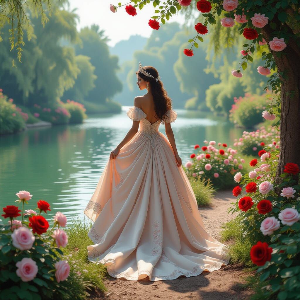 Princess and Roses by Riverbank in Dreamlike Realm