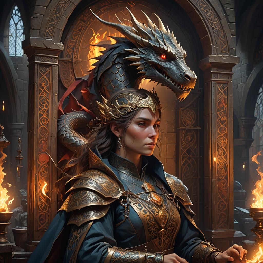 Medieval Lair: Dragon, Lady, and Fire, Hyperdetailed Art