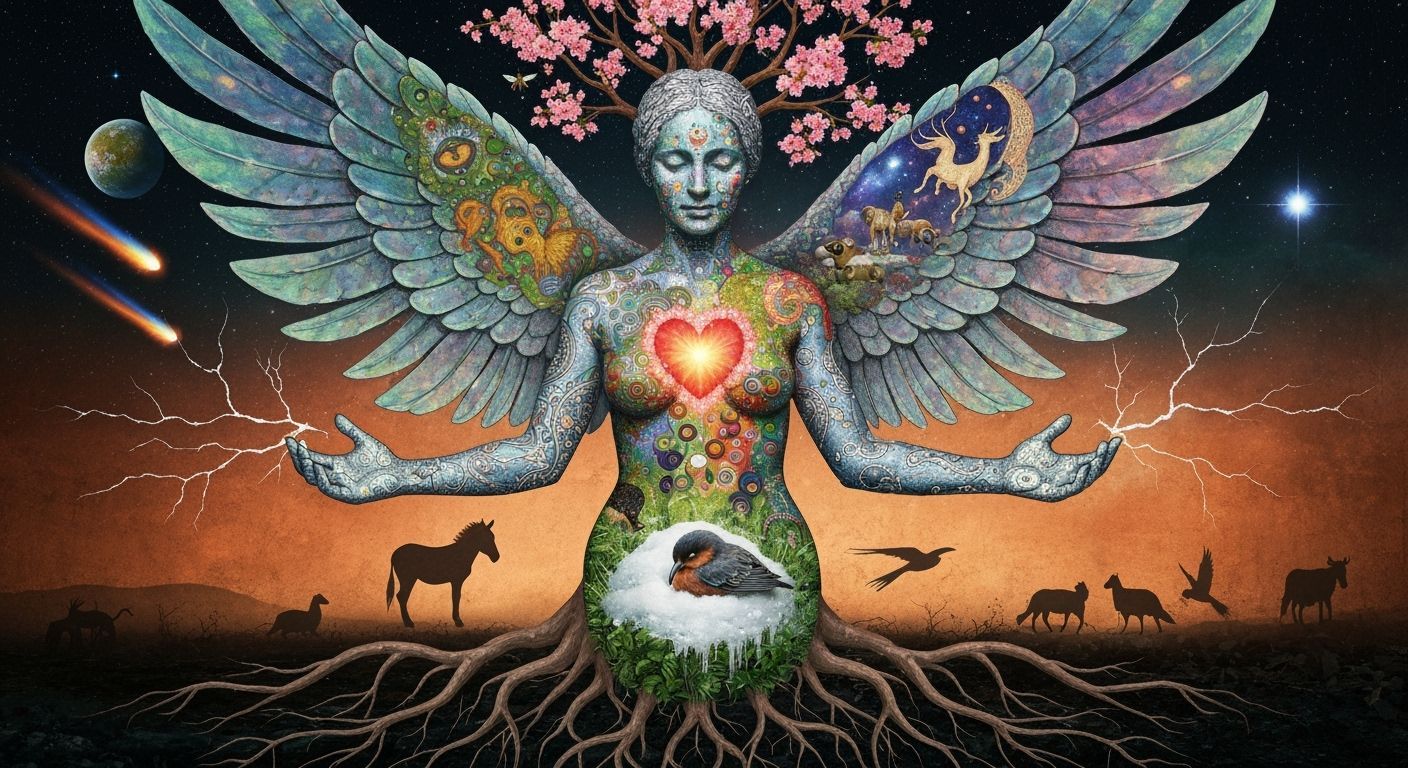 Fragmented Sculpture of Woman with Iridescent Wings in Fores...