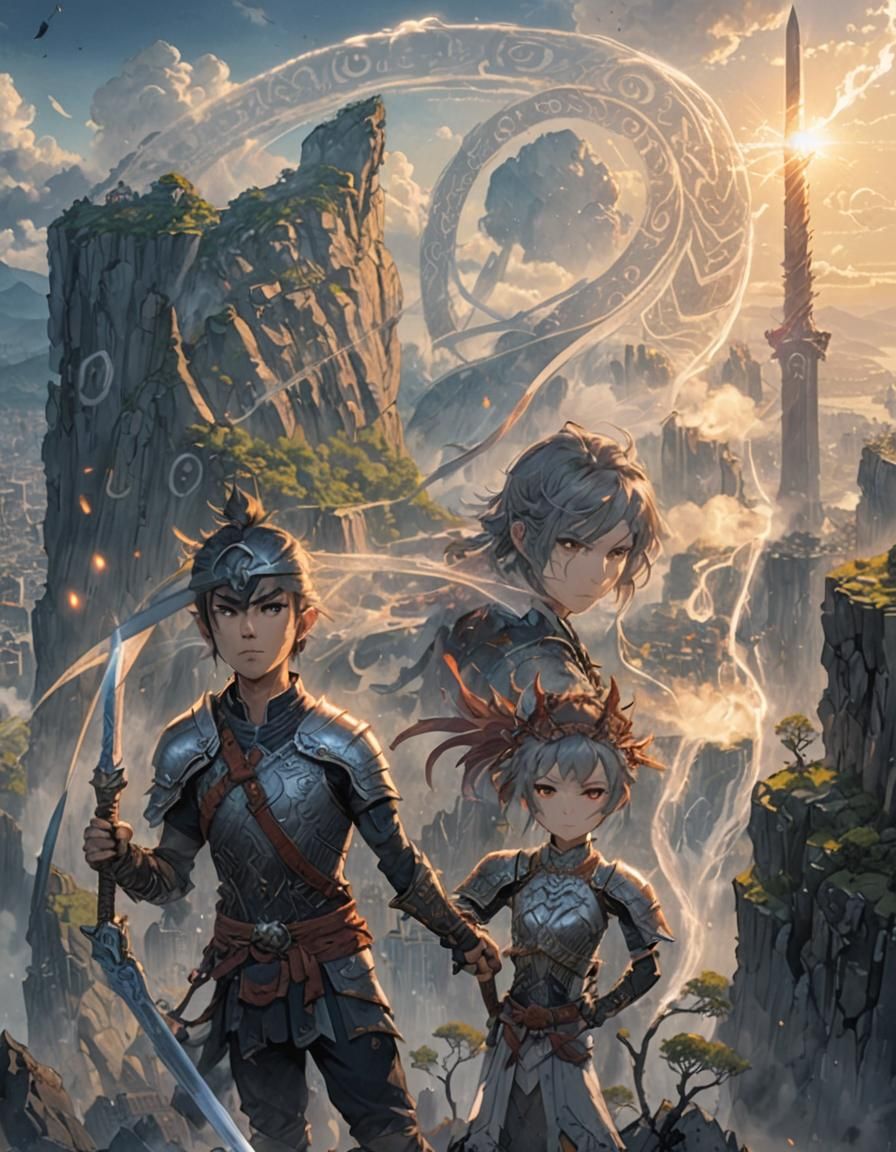 Anime Warrior Overlooking Cityscape at Misty Cliff Edge