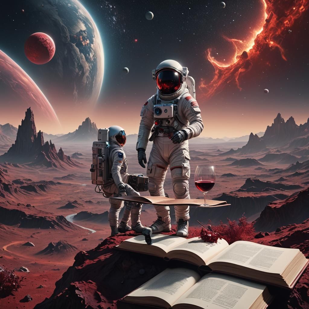 Astronaut on Planet Reading Book, Digital Art