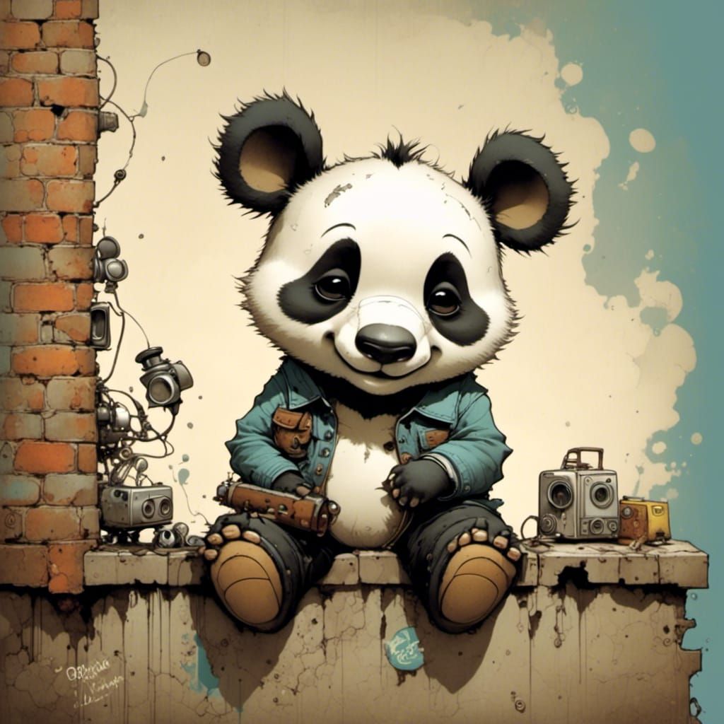 Cute Panda Cub with Ghetto Blaster, Jansson Style