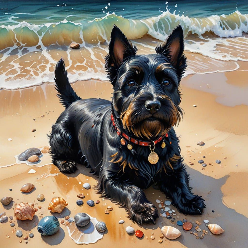 Vibrant Scottie Dog Plays on Beach as Gouache Painting