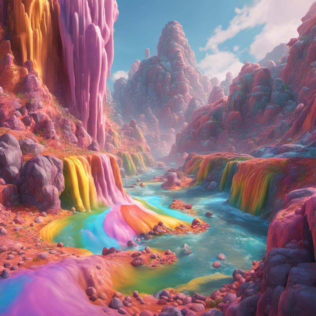 Candyfloss Mountains with Sugarcane River, Digital Art