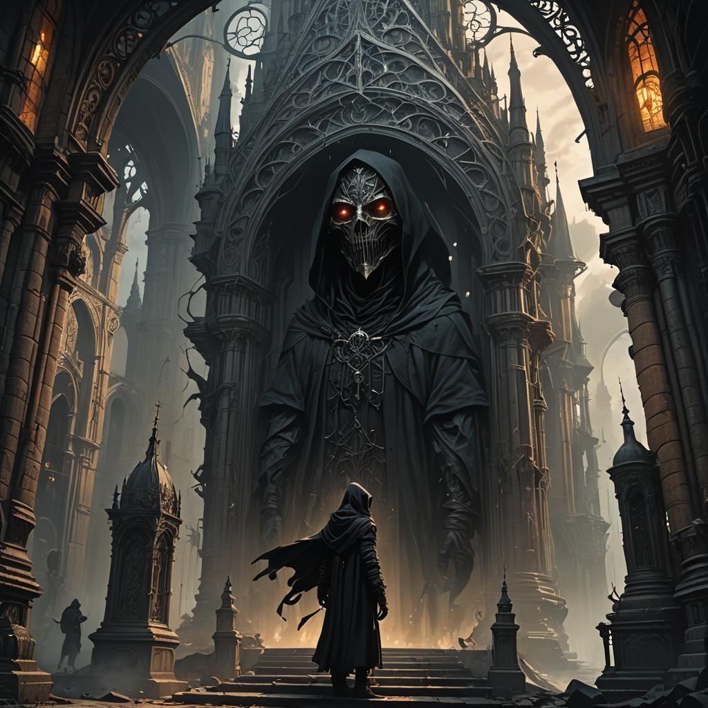 Dark Fantasy Figure in Gothic Landscape