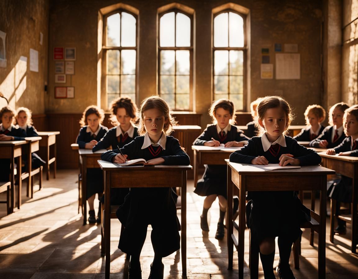 Schoolchildren in Castle Classroom, Photorealistic Style