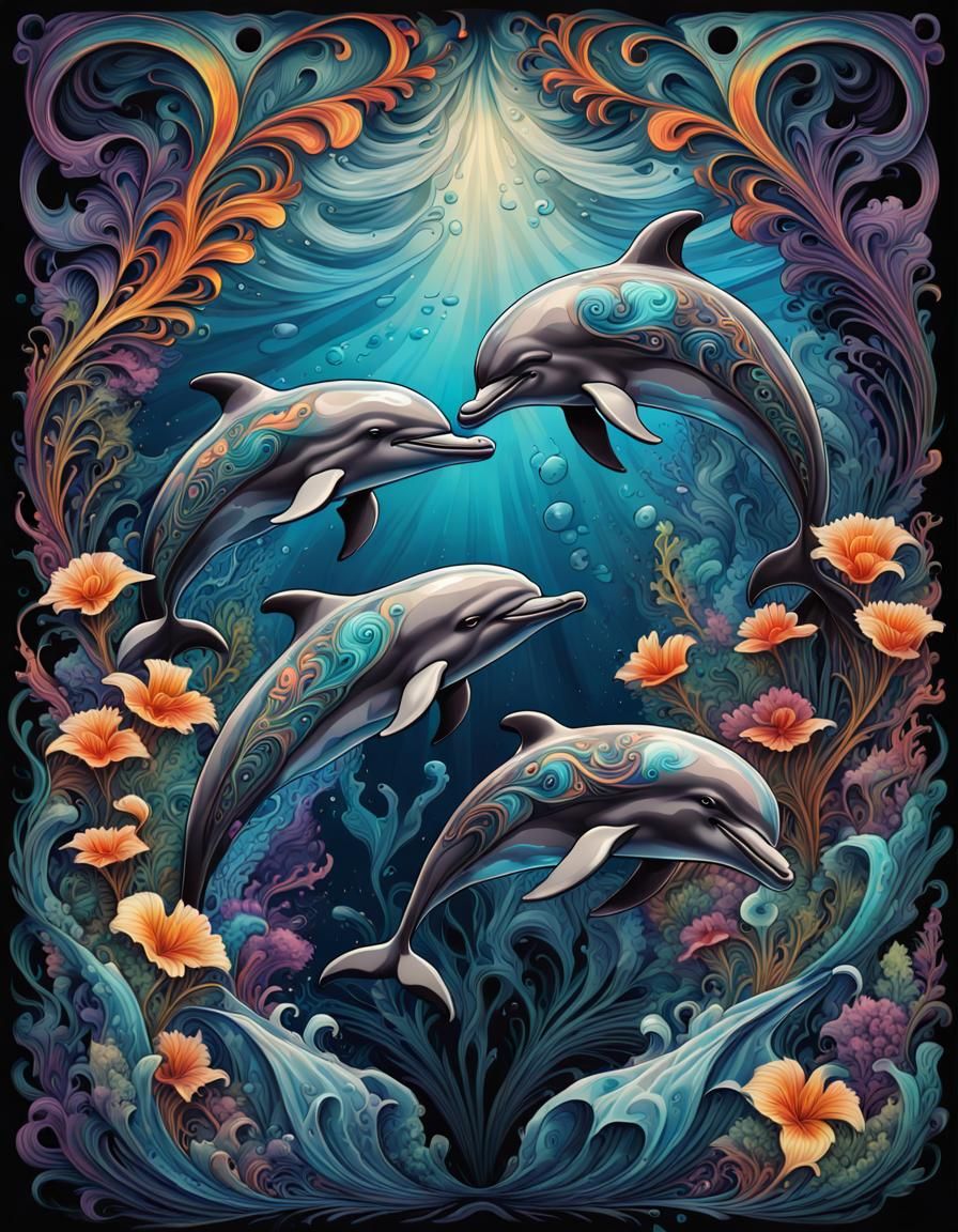 Art Nouveau Dolphins in Dark Fantasy Graffiti Style