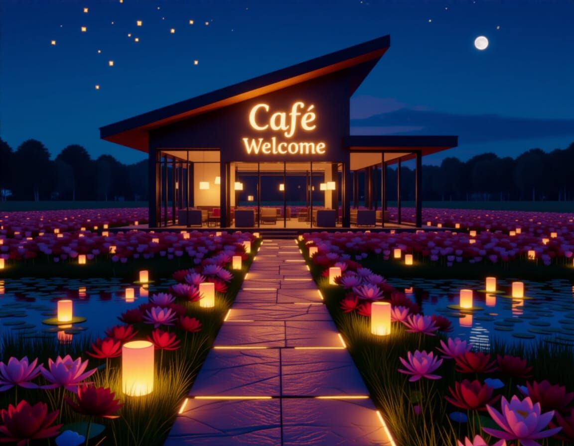 Modern Cafe by River with Glowing Path and Lanterns