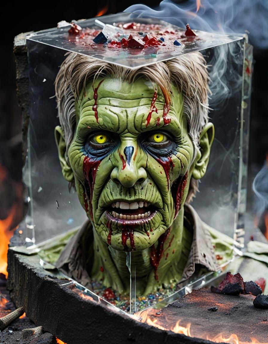 Zombie Head in Crystal Cube with Fire