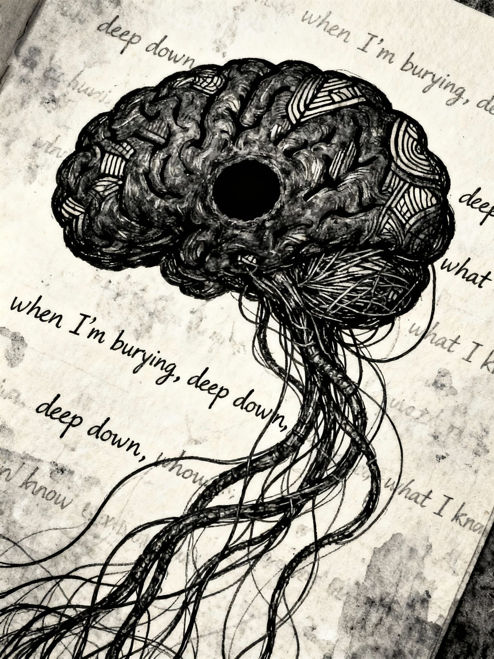 Macabre Zentangle Art: Black Hole Brain with Tentacles