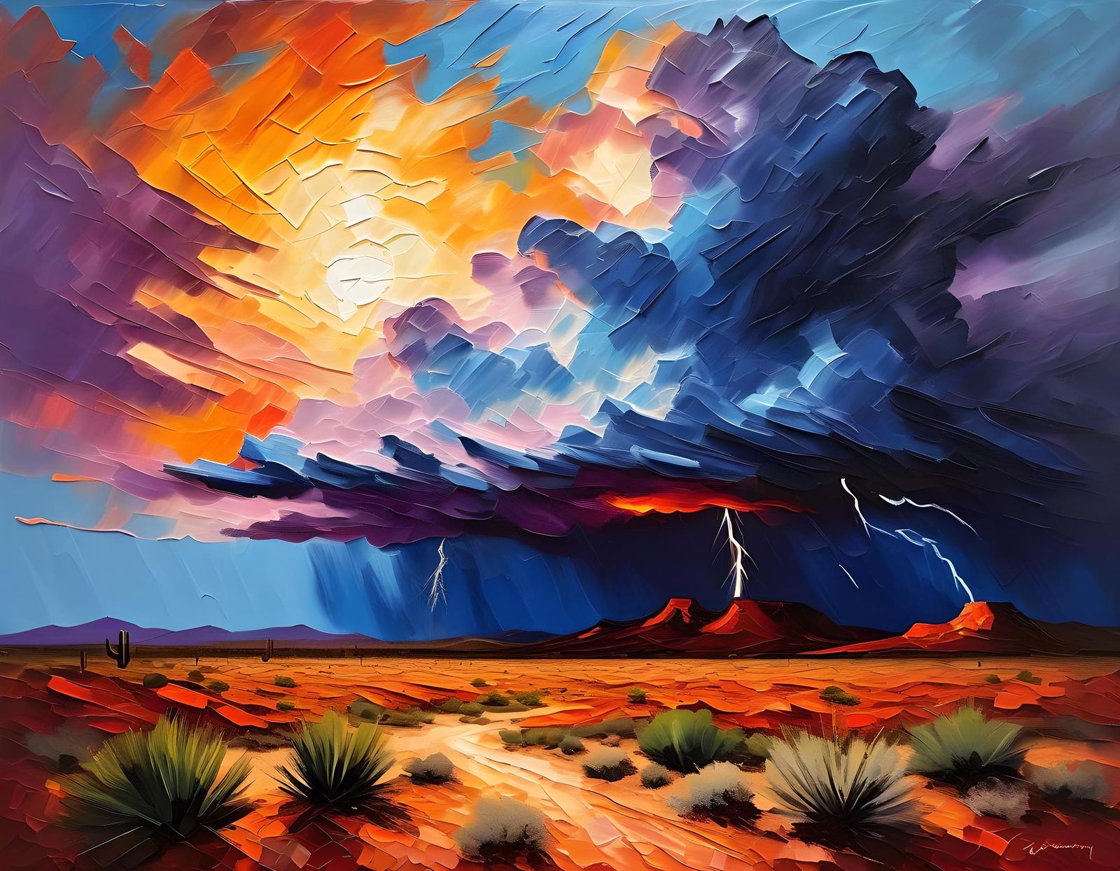 Desert Landscape with Impasto Thunderstorm at Sunset