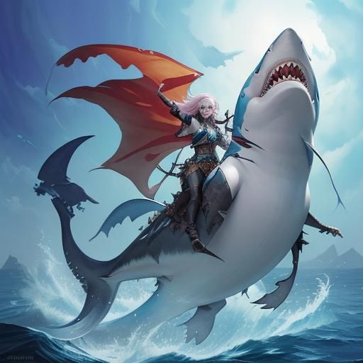 Pirate girl sailing on shark