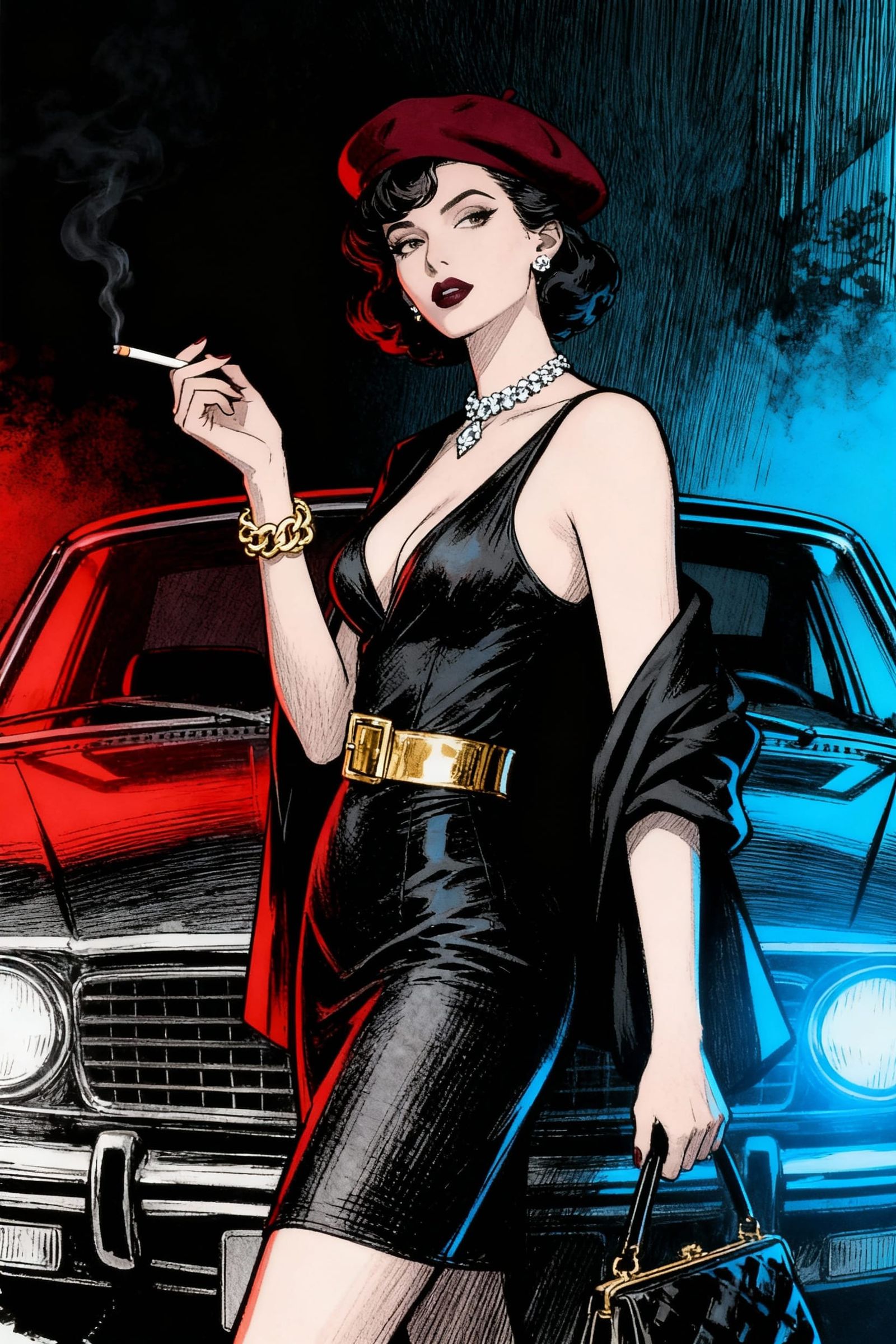 Elegant Woman in Tiny Dress with Red Beret and Car