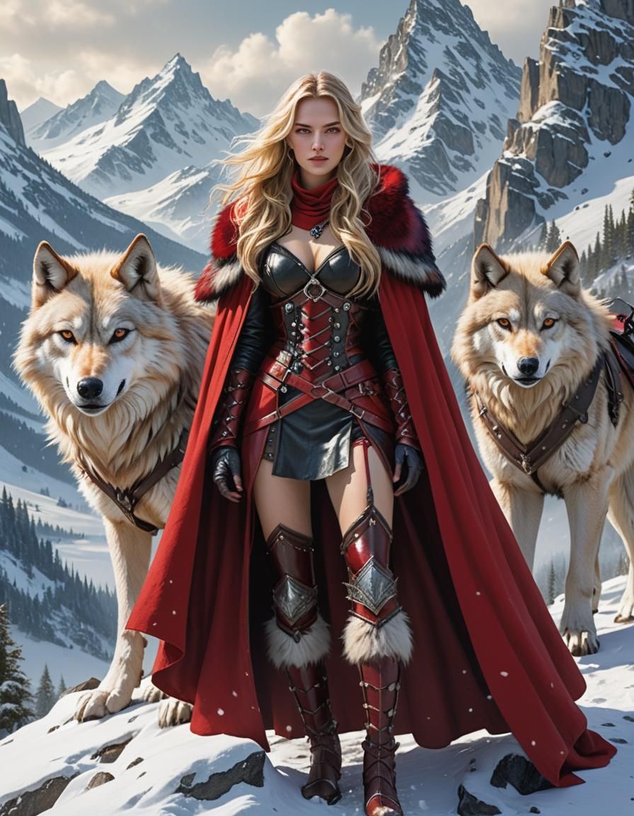 Woman with Wolf in Snowy Mountains