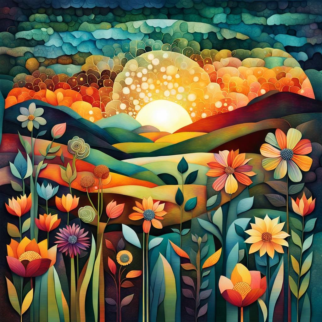 Vivid Flower Collage at Sunset with Textured Elements
