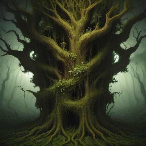 Destructive vine tree overgrowth inside forest primeval. Eldtrich Benjamin LaCombe