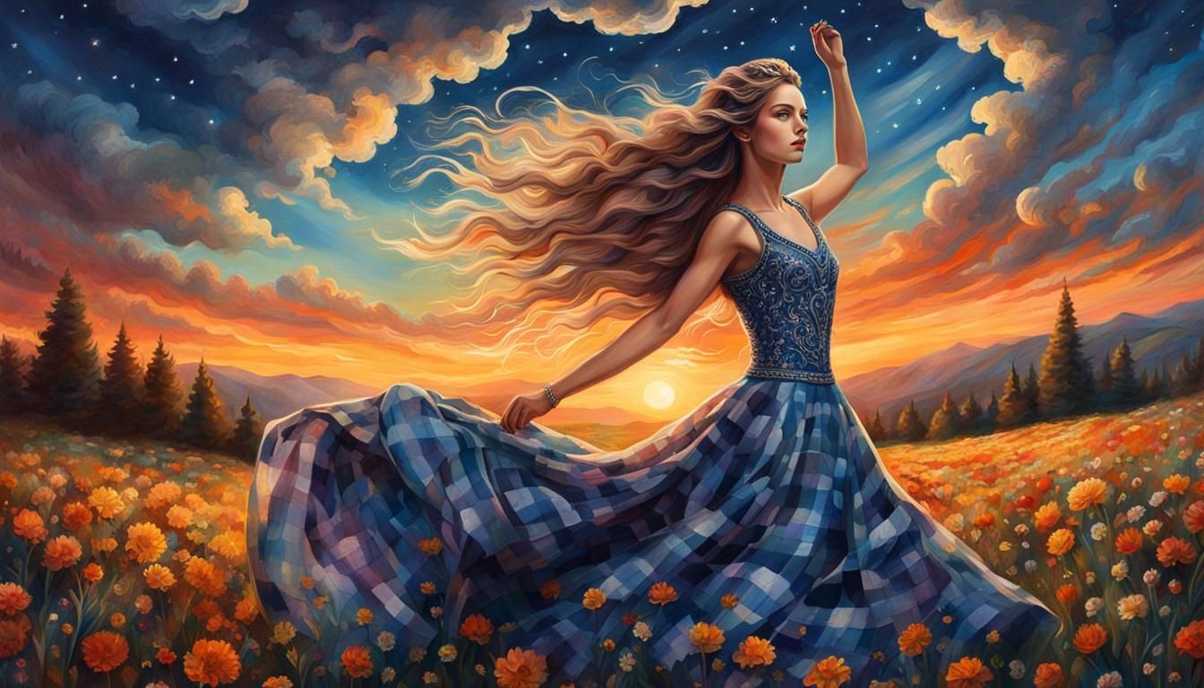 Dancing Plaid Girl Portrait on Moonlit Hill