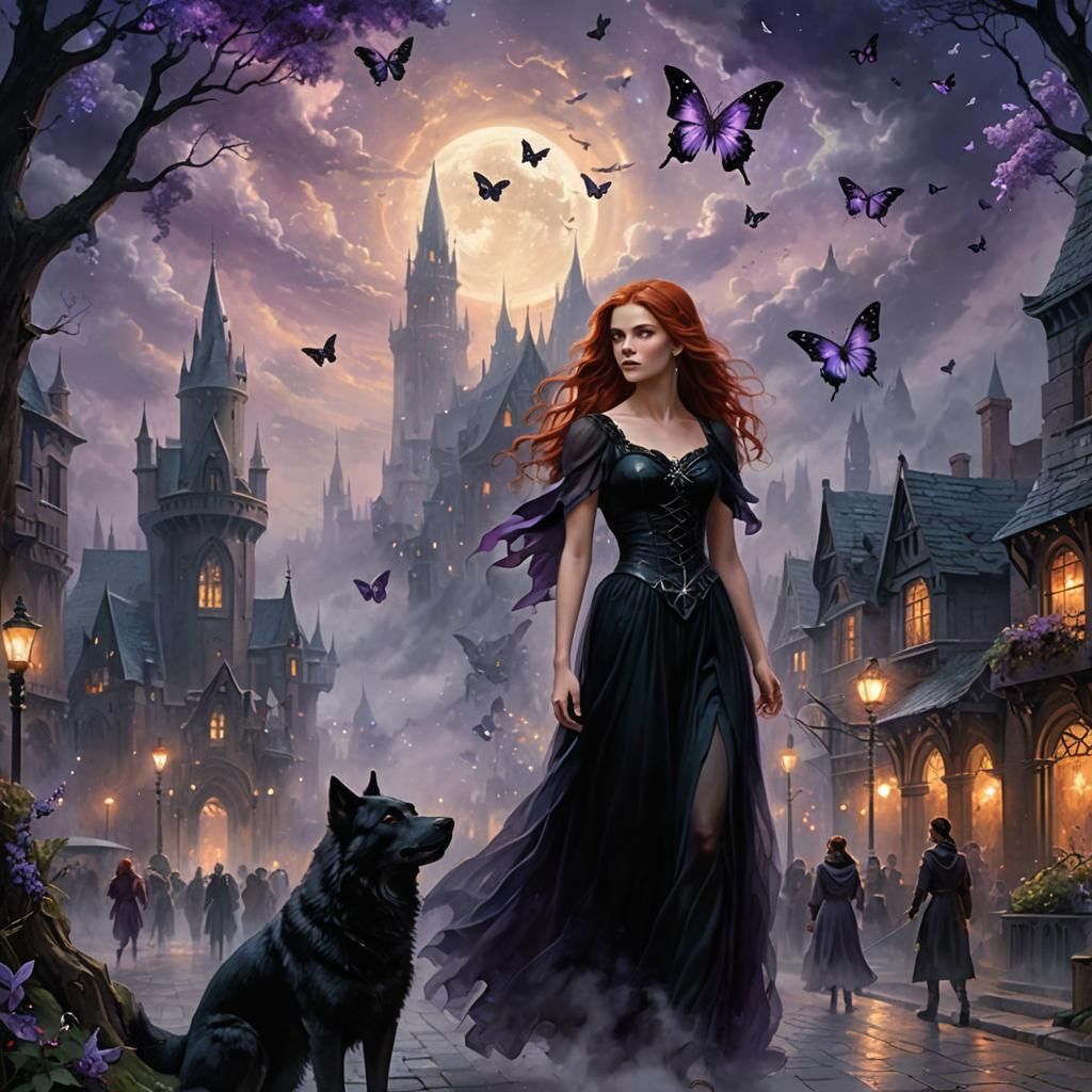 Red Haired Woman and Wolf in Dark Fantasy City