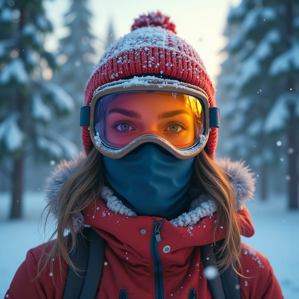 Ski Masked Woman in Winter Landscape, Matte Painting