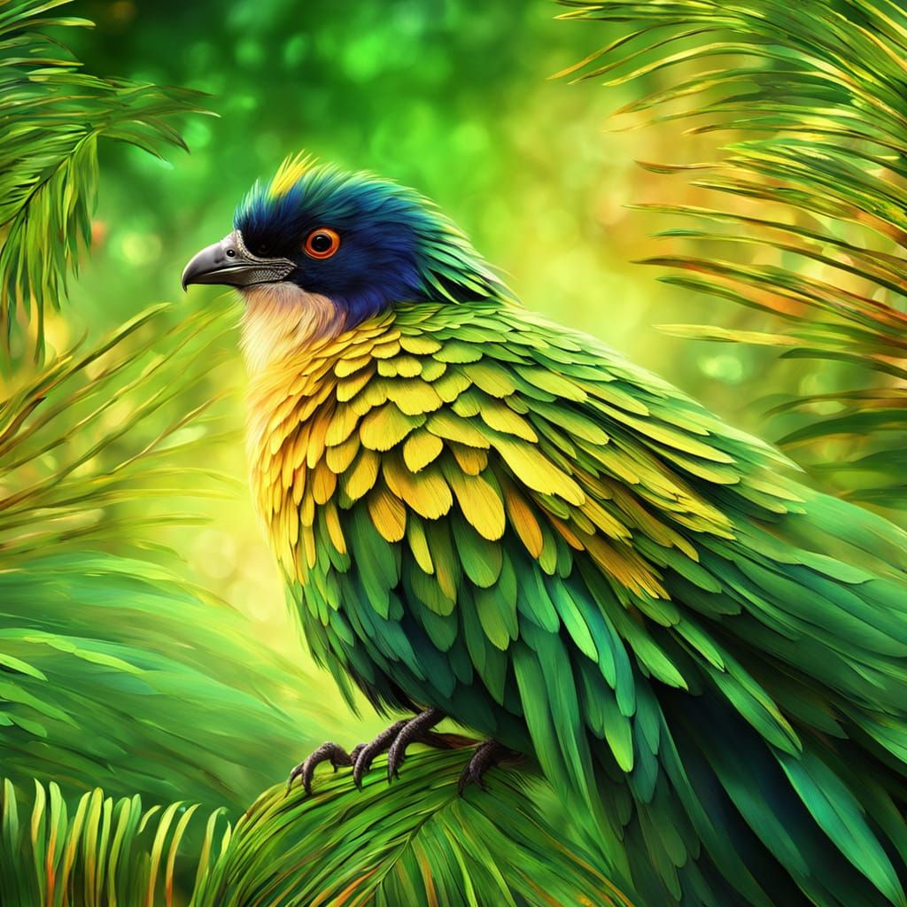 Iridescent Bird in Lush Foliage: Digital Art