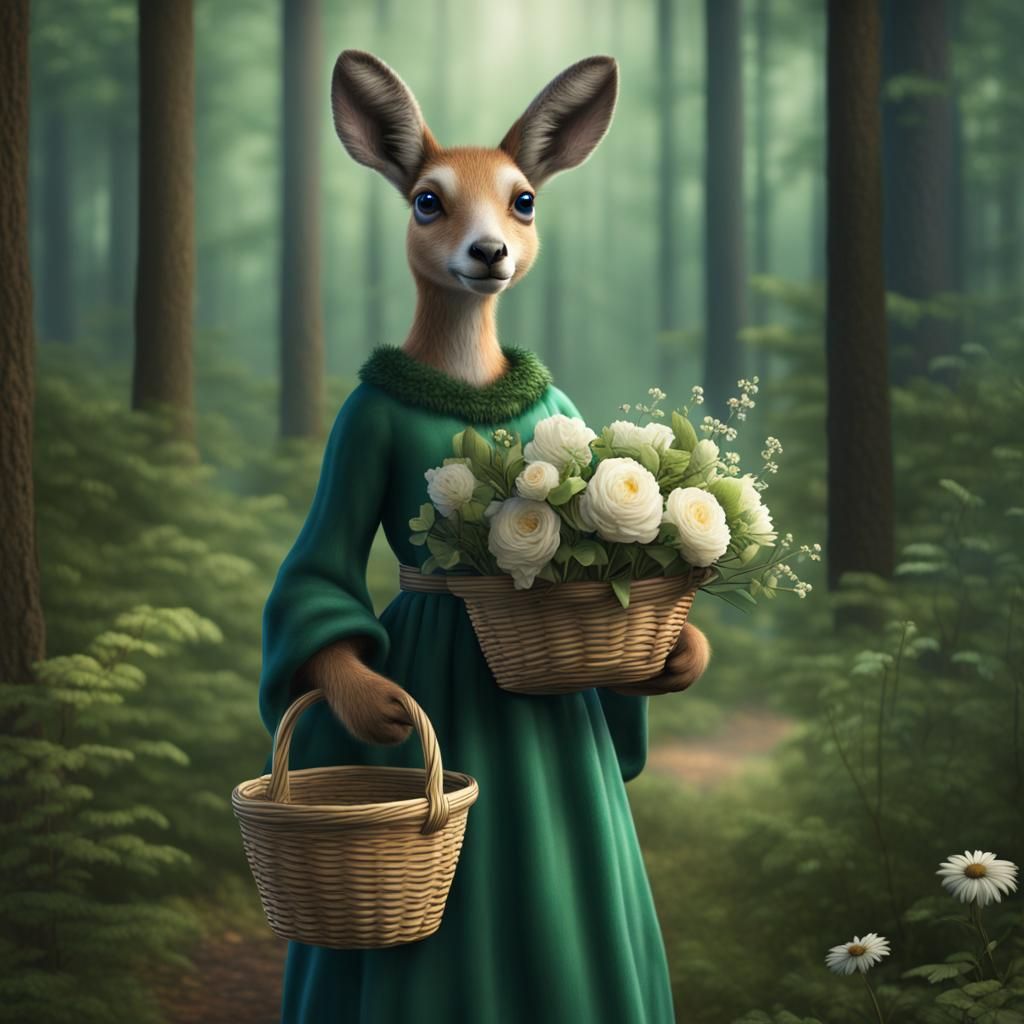 an anthropomorphic bipedal furry doe in a green peasant gown...