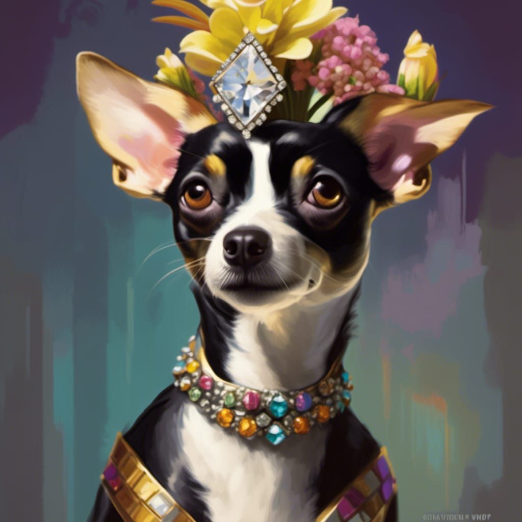Art Deco Dogs Portrait with Diamonds and Flowers