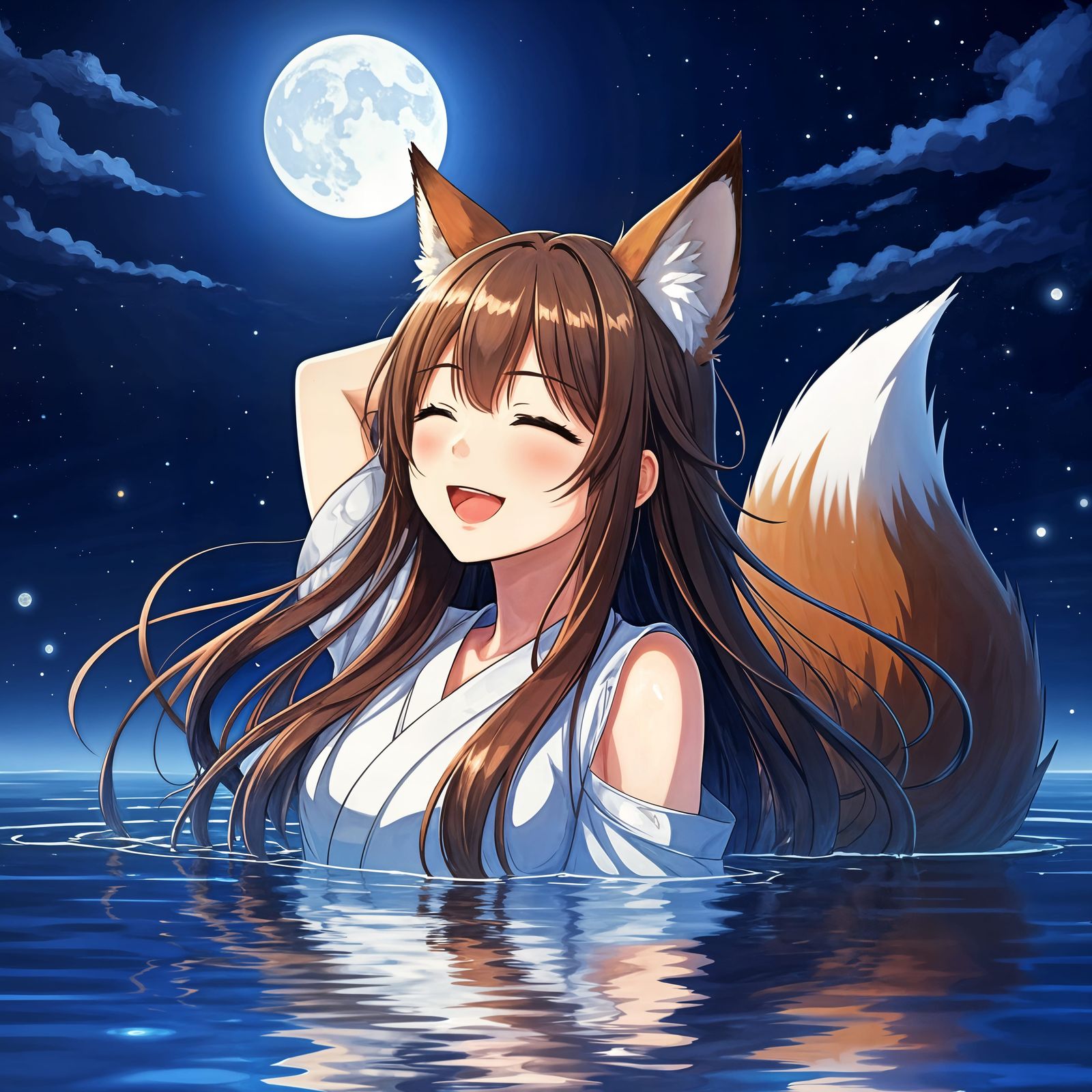 Anime Fox Girl in Moonlit Water