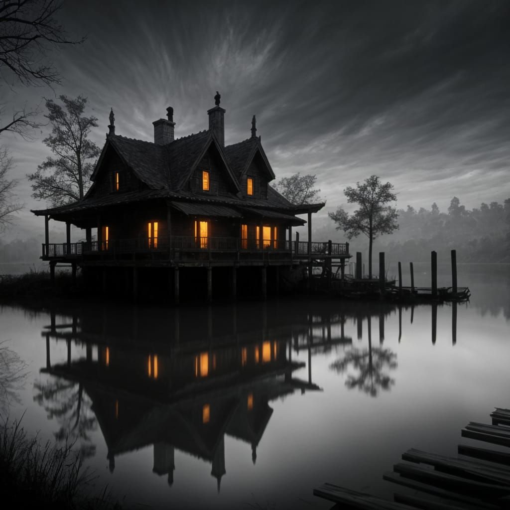 wooden pier, lake, house on shore