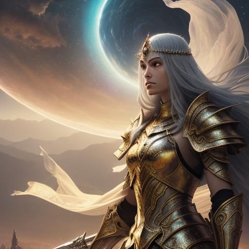 Proud Warrior in Ethereal Celestial Landscape