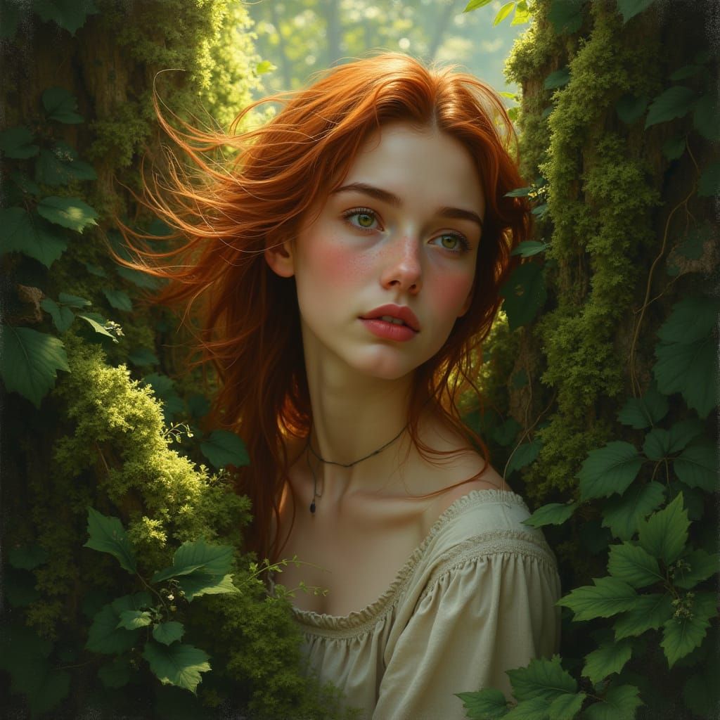 Serene Woman in Ancient Forest Sunlight