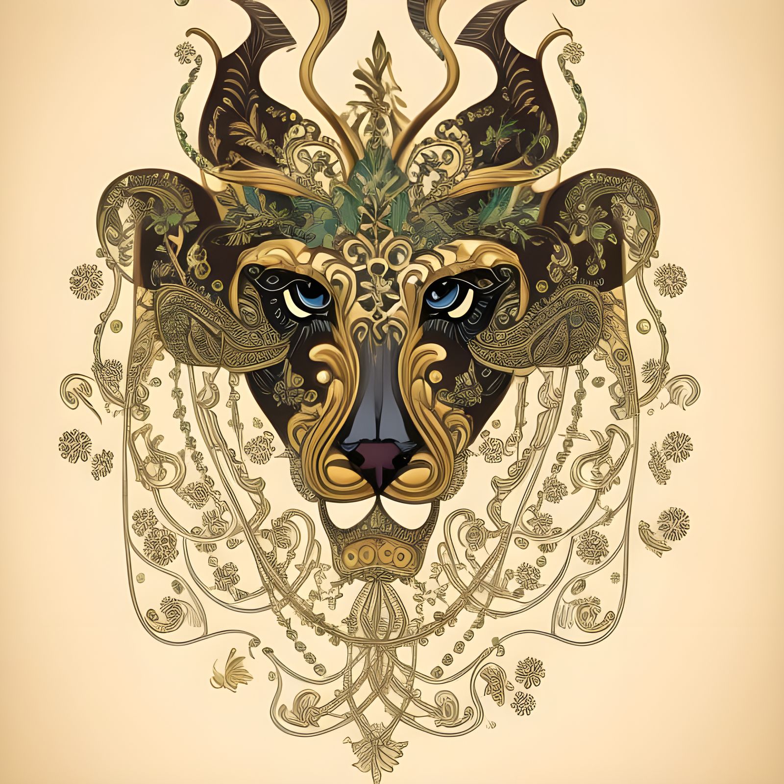 Ornate Animal Skull Mask with Vines, Storybook Illustration