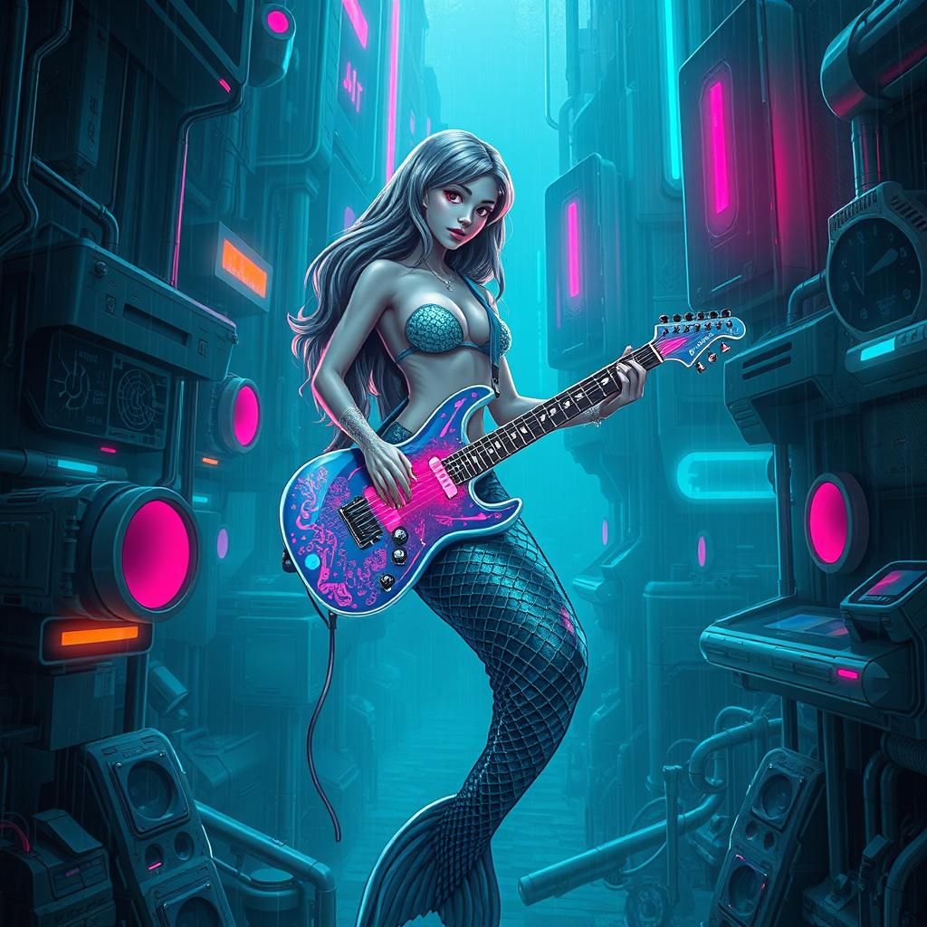 Cyberpunk Mermaid with Holographic Guitar