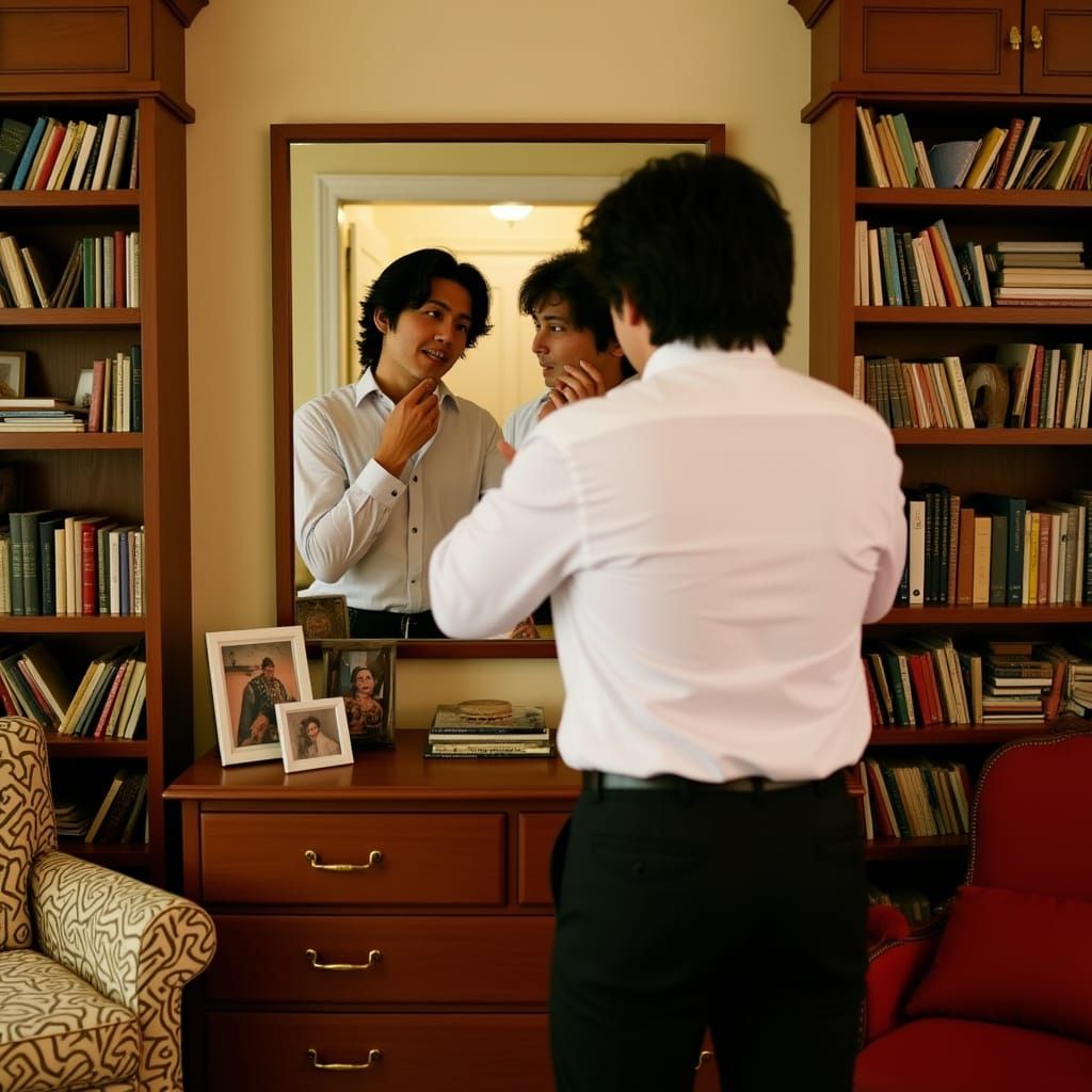 Man Gazing in Mirror in Cozy Book-Filled Room