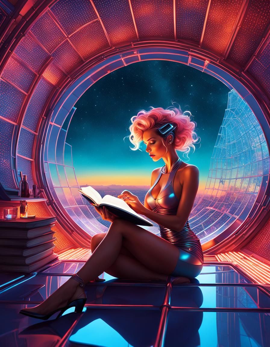 Cybernetic Woman Reading in Futuristic Earthship