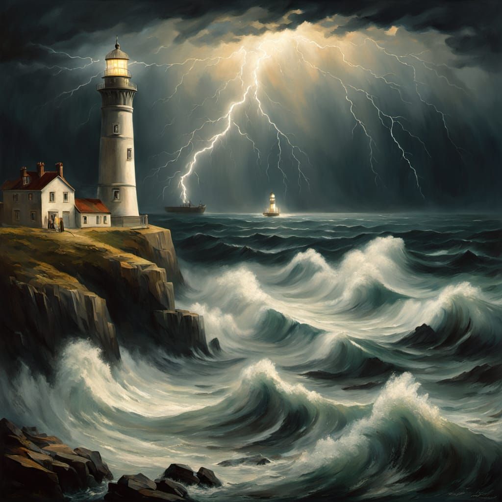 Stormy Seas: Lighthouse Keeper in Dramatic Seascape
