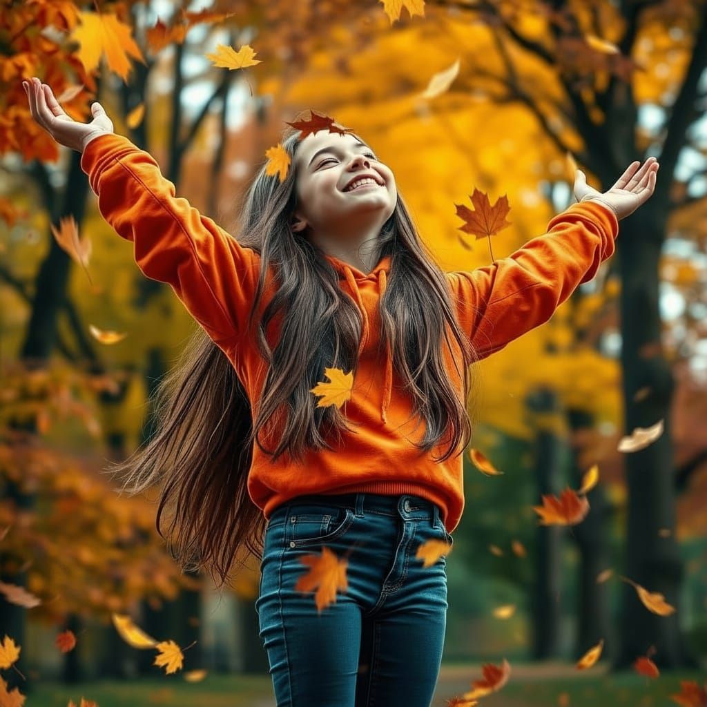 Girl Laughing in Fall Park Leaves
