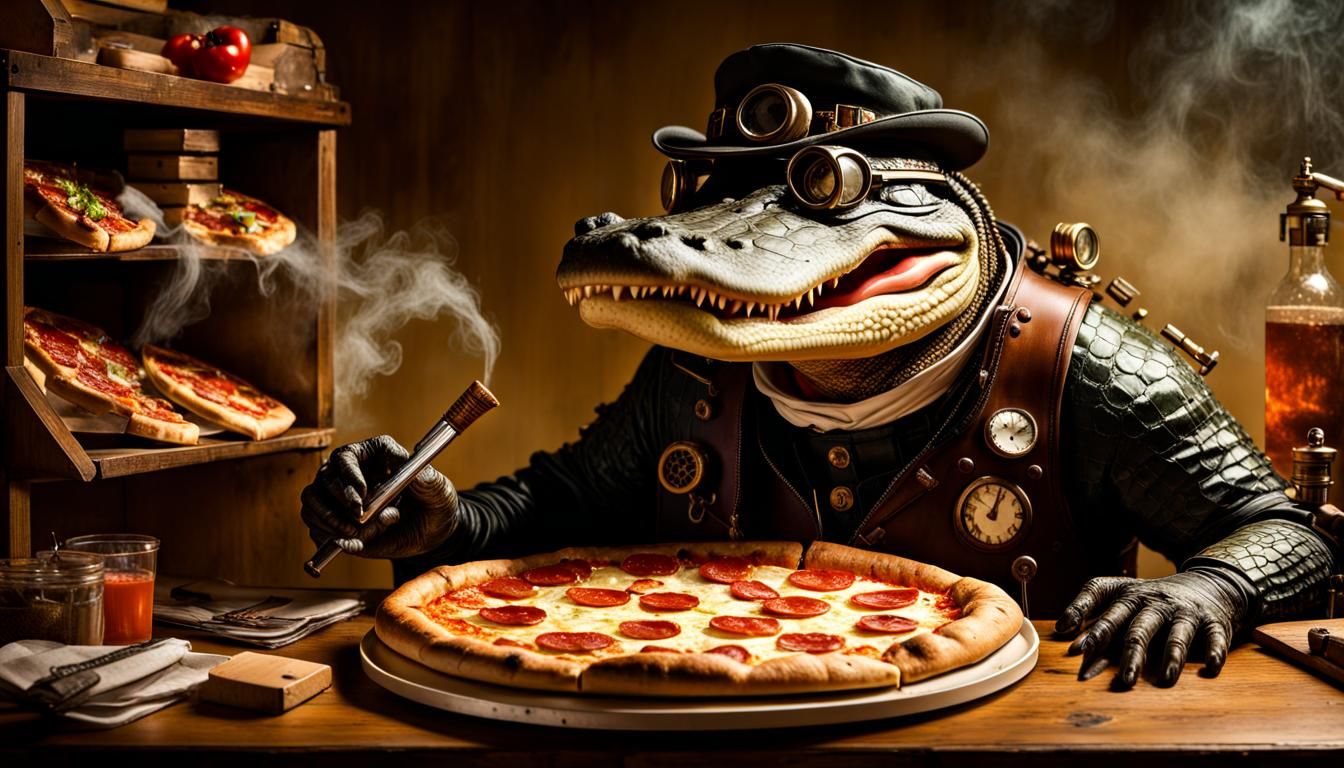 Steampunk Alligator Hiding Pizza in Dystopian Setting