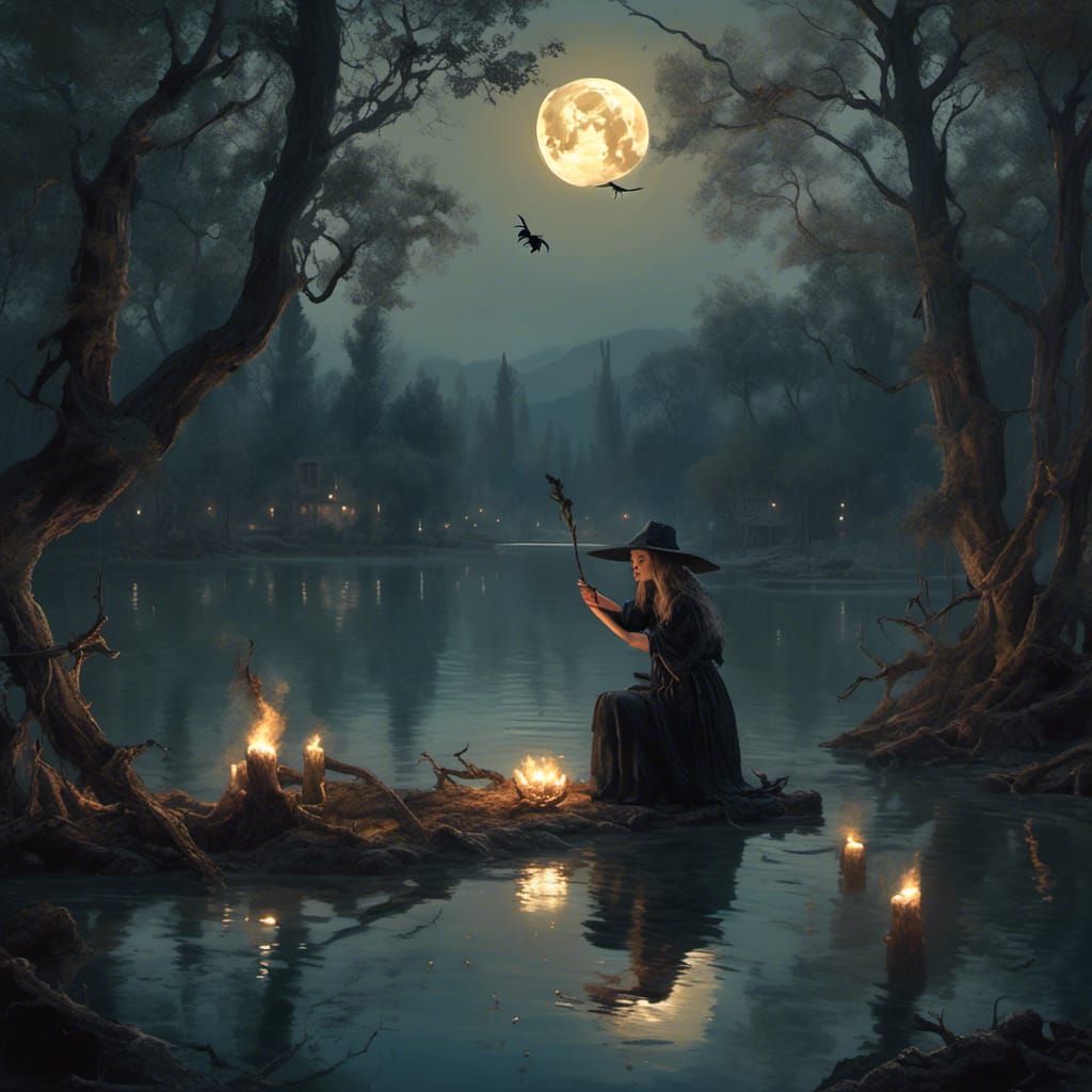 Young Witch Ritual Under Full Moon, Hyperreal Style